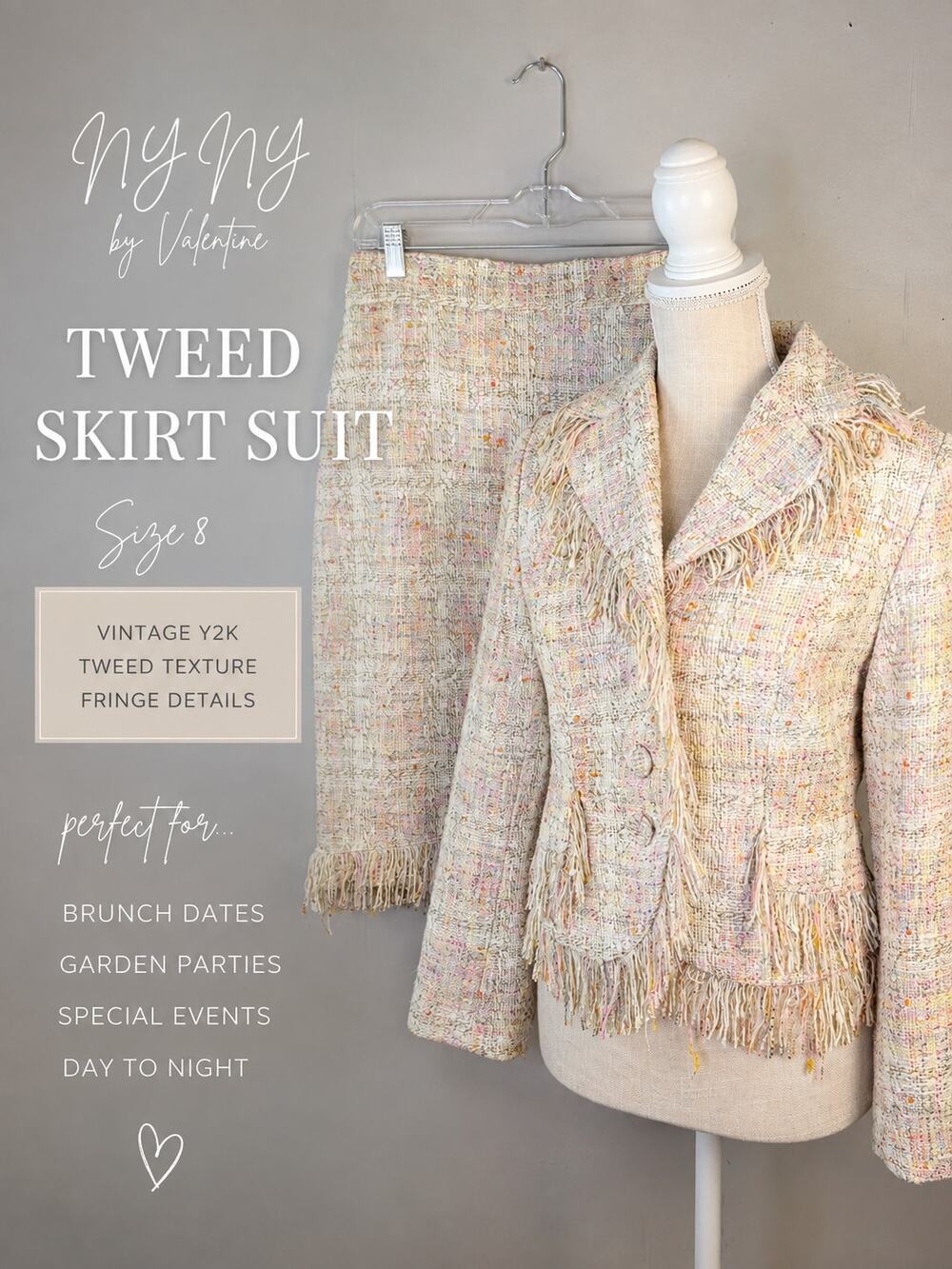 VNT NY NY Valentine Skirt Suit 8 Ivory Multicolor Tweed Fringe Y2K Coquette